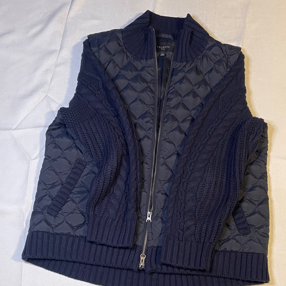 Talbots Navy Blue Quilted puffer zip Jacket Knit Collar sweater ribbed sleeves